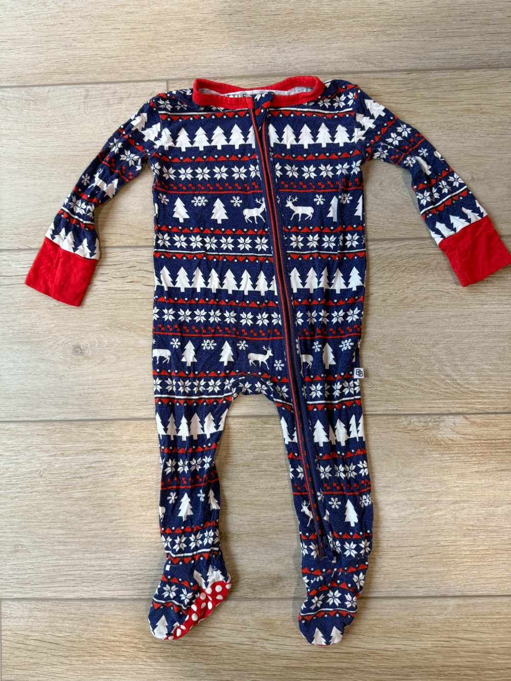 Navy & Red Holiday Print Footed One-Piece Pajamas for Kids